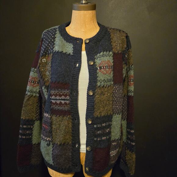 Eddie Bauer Sweaters - VTG Eddie Bauer "Legend Collection" Deer Bay Patchwork Knit Cardigan medium